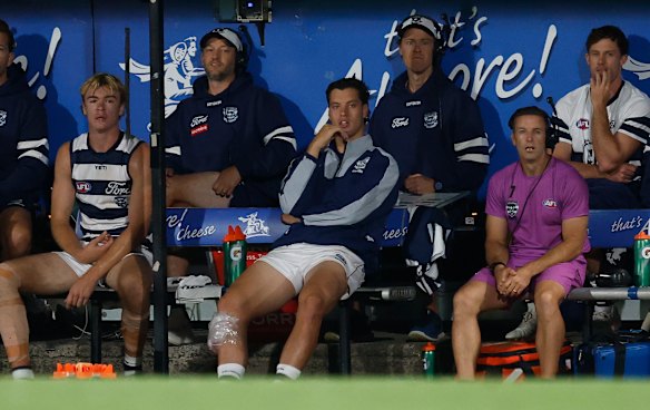Big relief: Shannon Neale (centre) has revealed he had a CT scan and MRI after he was hurt in a ruck contest with Carlton’s Marc Pittonet last week.