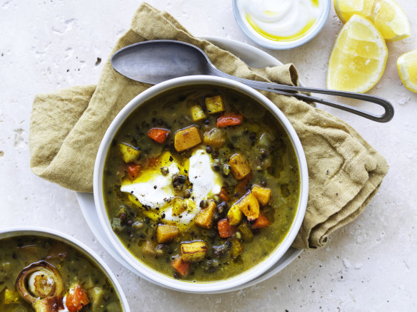 Roasted vegetable and lentil soup.