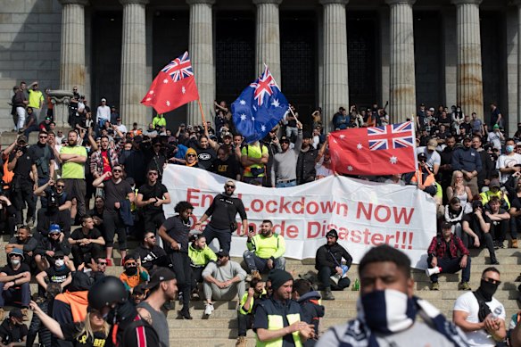 Protestors marched on the city for the third day. Seen here at the Shrine of Remembrance before being evicted by force by the poilce . 