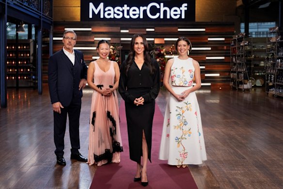 Meghan wearing a Matteau shirt and Camilla & Mac skirt, makes her mark on MasterChef, alongside judges Jean-Christophe Novelli, Poh Ling Yeow and Sofia Levin.