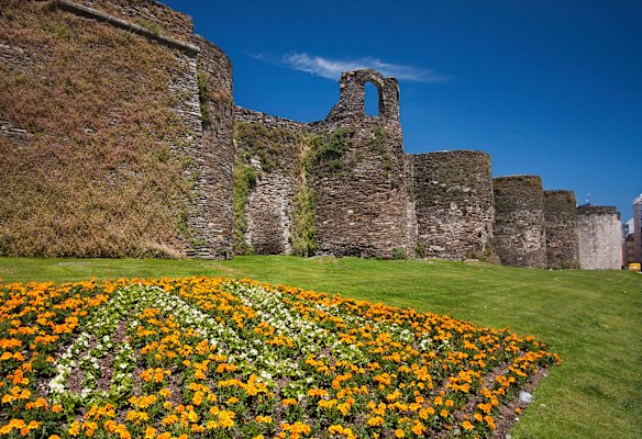 The largely intact, two-kilometre circular Roman wall at Lugo, Spain. 