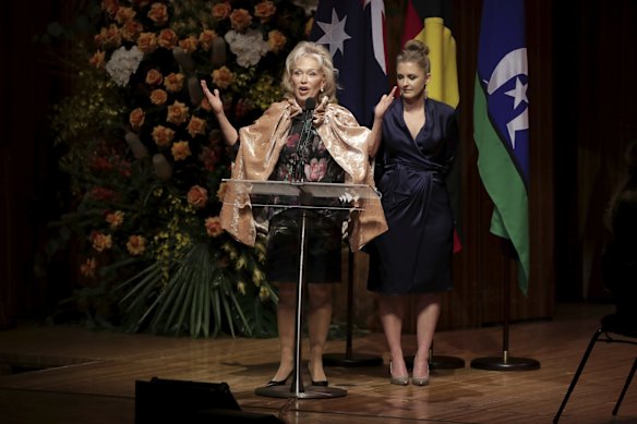 Blanche D'Alpuget and Sophie Taylor-Price speak during the state memorial service for former Prime Minister Bob Hawke at the Sydney Opera House.