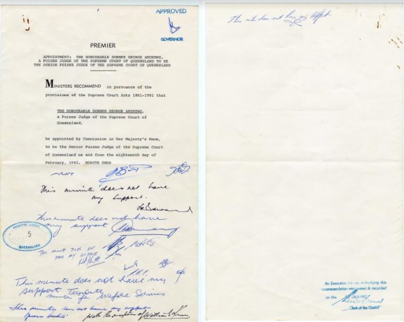 Queensland government minute of January 12, 1982 showing the Liberal Party ministers saying 'No' to Joh Bjelke Petersen.