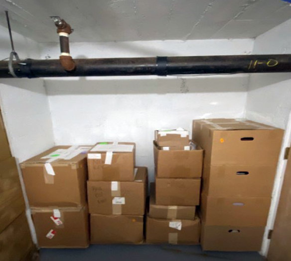 This image, contained in the indictment against Trump, shows boxes of records stored in the Lake Room at the Mar-a-Lago estate.