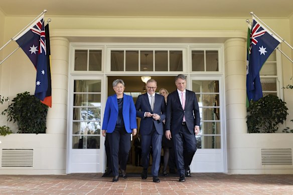 Minister for Foreign Affairs Penny Wong, Prime Minister Anthony Albanese, Finance Minister Katy Gallagher and Deputy Prime Minister Richard Marles after the swearing-in ceremony at Government House.