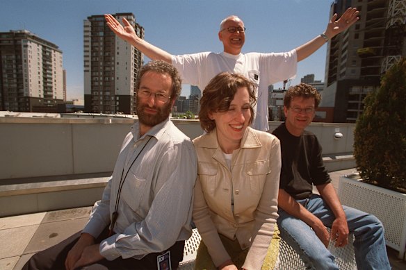 ABC 774 radio presenters (L-R) Jon Faine, Virginia Trioli, Red Symons and Derek Guille (back).