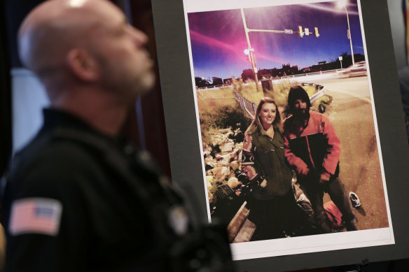 A picture of Katelyn McClure and Johnny Bobbitt is displayed during a police news conference in Mount Holly, New Jersey, on Thursday.