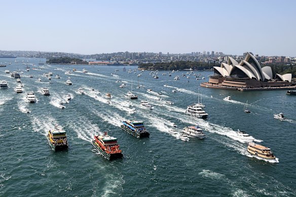Ferries are seen racing during the Ferrython on Sydney Harbour during Australia Day celebrations.