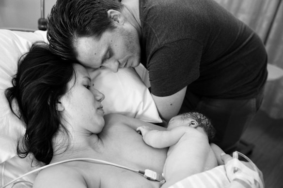 This is the moment Lea Fenton and Michael Box are left to snuggle with their baby, Caleb, after a very long delivery at the Royal Hospital for Women in Randwick, Sydney. 