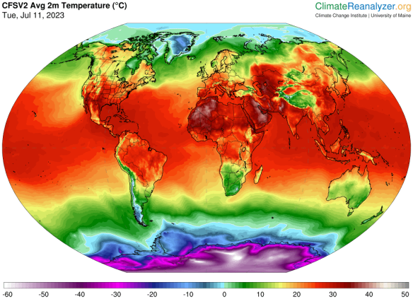 Heatmap showing average global temperatures as of July 11, 2023.