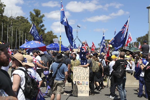 'Convoy to Canberra' protesters on the lawns between Parliament House, and Old Parliament House, in Canberra.