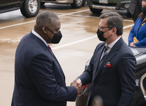 Defence Secretary Lloyd Austin welcomes Ukraine’s Foreign Minister Dmytro Kuleba to the Pentagon in Washington on Tuesday.