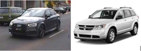 The victim’s stolen grey Audi (left) and a car similar to the stolen Dodge. 