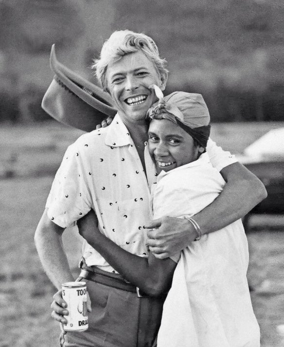 Aboriginal dancer Joelene King with David Bowie while filming 