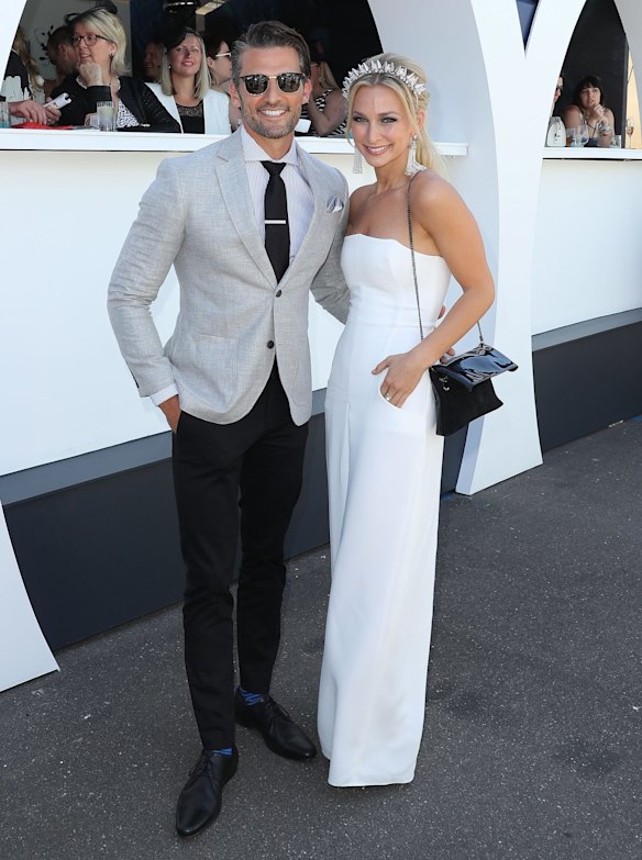 Tim Robards and Anna Heinrich arrive on Derby Day at Flemington