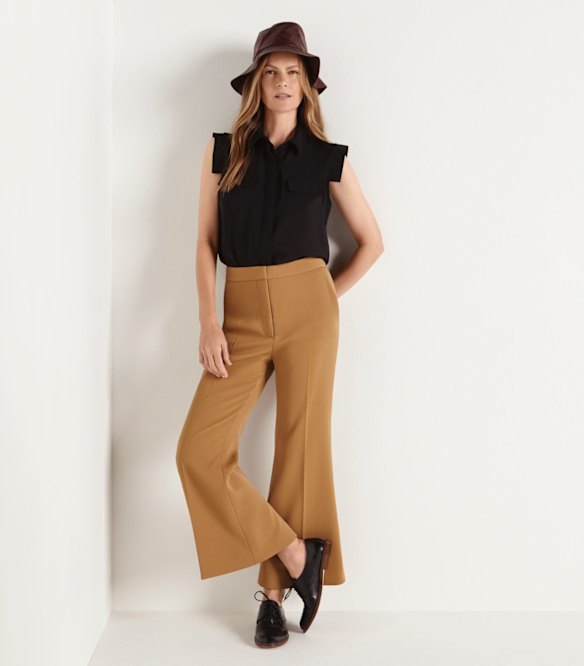 Isabel Marant “Steve” culottes, $715, from Parlour X. Elvie & Leo “Military” shirt, $190. Hatmaker By Jonathan Howard “One Rainy Day” hat, $490.