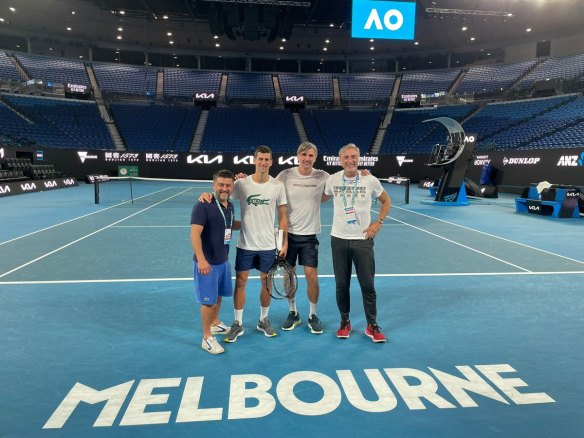 Novak Djokovic at Rod Laver Arena on Monday night with his team, including coach Goran Ivanisevic to Djokovic’s right.