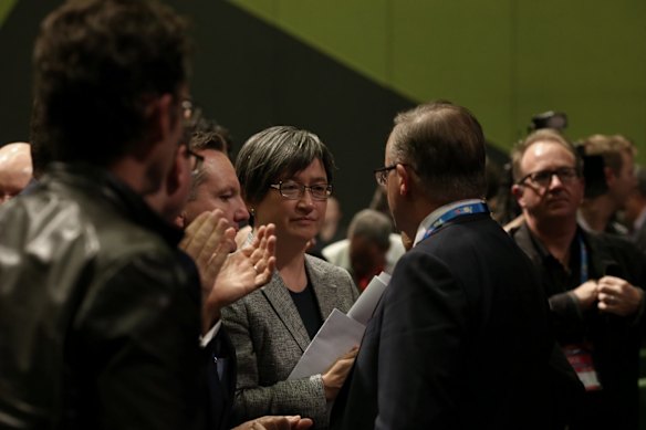 Senator Penny Wong and Anthony Albanese at the conclusion of the ALP National Conference on day three in Melbourne.