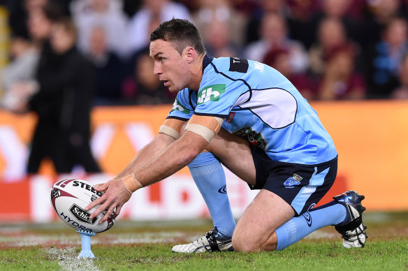Tee shot: James Maloney lines up a shot at goal during Origin II in 2016.