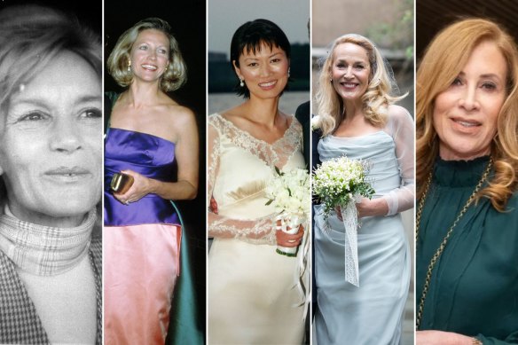 Rupert Murdoch’s four wives, and fiancee, respectively, from left: Patricia Booker, Anna Murdoch Mann, Wendi Deng, Jerry Hall, and Ann Lesley Smith