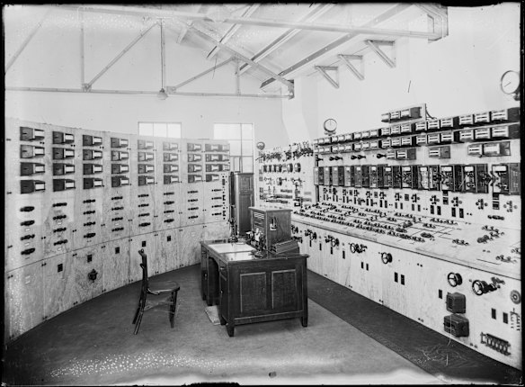 Desk with telephone equipment in the operations room of the White Bay Power House, Sydney, ca. 1920s.