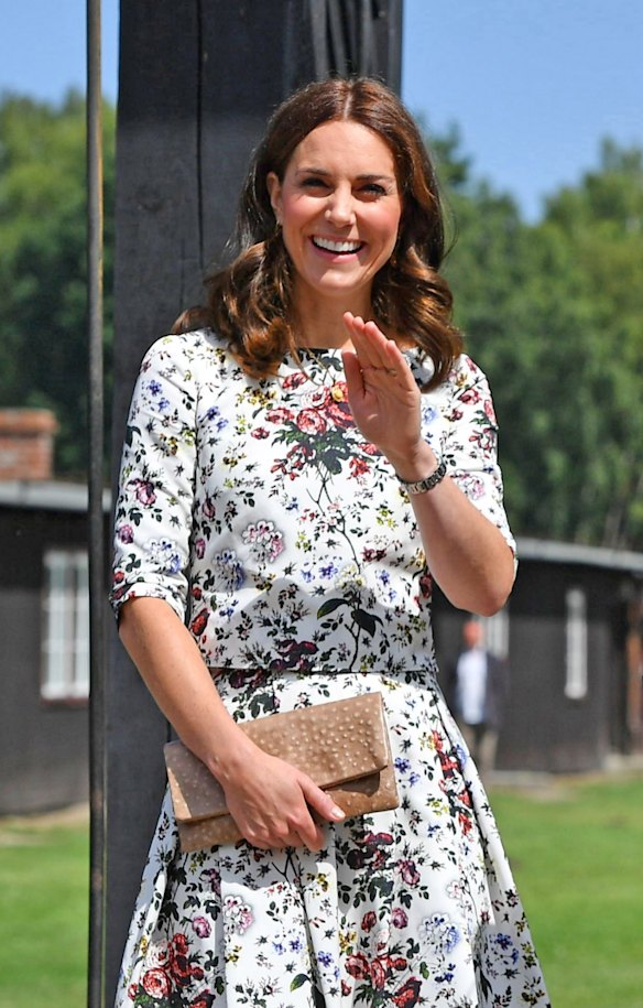 JULY 18: On day two, Kate and William travelled to the port city of Gdansk on Poland's baltic coast, visiting the Stutthof Concentration Camp, Gdansk Shakespeare Theatre and the European Solidarity Movement museum. For the visits the Duchess opted for a Hurst Rose print co-ord from British Designer Erdem. She accompanied it with a Stuart Weitzman patent leather sandals and Etui bag.
