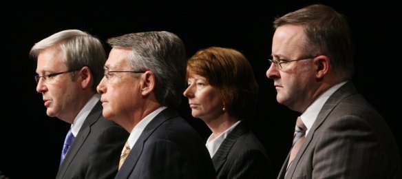 Minister for Infrastructure, Transport, Regional Development Anthony Albanese (right), with Prime Minister Kevin Rudd, Treasurer Wayne Swan and Deputy Prime Minister Julia Gillard.