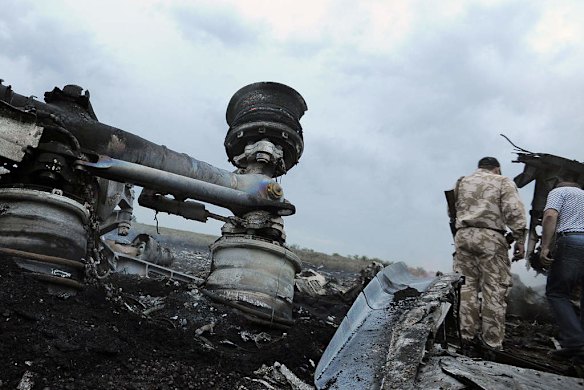 A man wearing military fatigues stands next to the wreckages of the malaysian airliner carrying 295 people.
