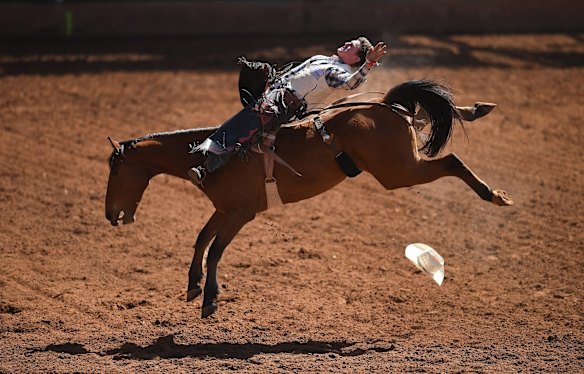 Jarrod McKane competes in the open bareback event at the Mount Isa Mines Rodeo.