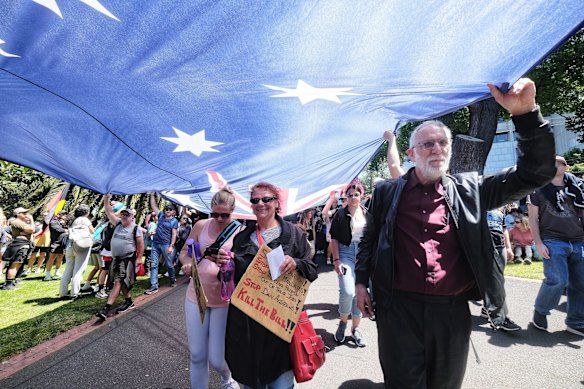 People protesting against the Pandemic Bill in Melbourne on Saturday 27 November 2021. 