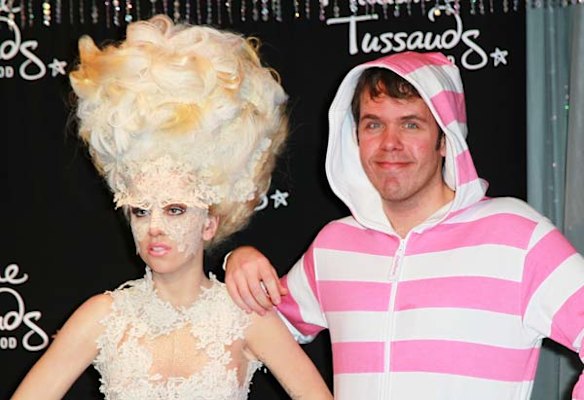Is it or isn't it ... Celebrity blogger Perez Hilton unveils Lady Gaga's wax figure at Madame Tussauds Hollywood on December 9, 2010.