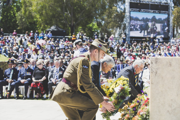 Chief of Defence Force, General Angus Campbell, The Chairman of the Council of the Australian War Memorial Mr Kerry Stokes, and representing the Returned and Services League of Australia Mr John King lay a wreath at the Remembrance Day ceremony