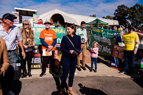 NSW Premier Gladys Berejiklian and Deputy Premier John Barilaro in Muswellbrook, campaigning for Nationals candidate Dave Layzell on Election Day. The Coalition is already in minority government, with two Liberal MPs on the crossbench.