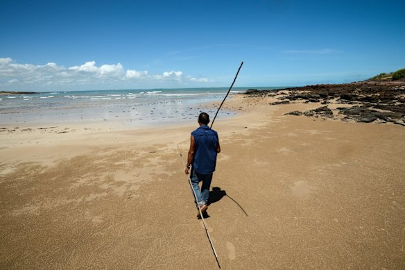 Aboriginal Remote Community closures in WA. Alfonsa  Cox heads off spear fishing on his remote outstation home called Gnylmarung on the Dampier Peninsular.