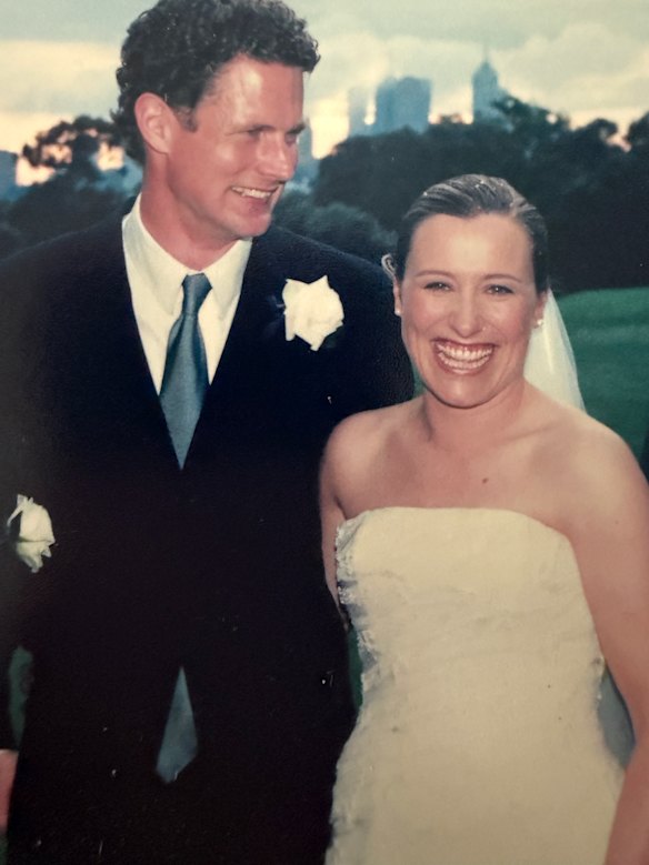 Kim Wilson and her husband, Damon Johnston, on their wedding day in 2000.