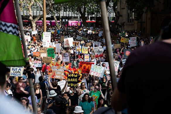 Climate protestors at the rally against Scott Morrison at Town Hall in Sydney on January 10, 2020. Photo: Isabella Porras / Sydney Morning Herald .Â 