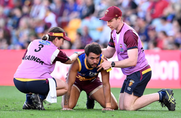 Lions utility Callum Ah Chee was concussed after a heavy hit from Carlton skipper Patrick Cripps.