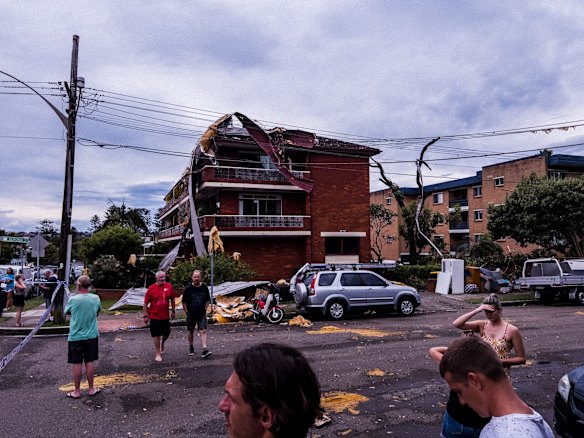 Dee Why resident Nathan Lavers in his unit on Pacific Parade, Dee Why, whose roof was ripped off during the “microburst” , a severe storm downdraft often with winds exceeding 100kph. 
