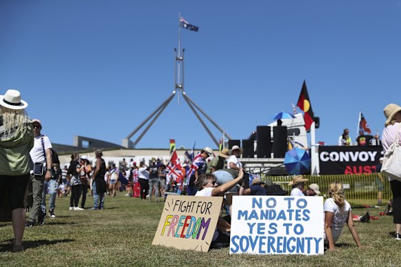 'Convoy to Canberra' protesters on the lawns between Parliament House, and Old Parliament House, in Canberra.