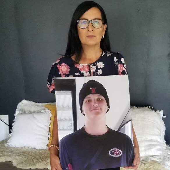 Angus Beaumont’s mother, Michelle Liddle, on the day of his funeral.