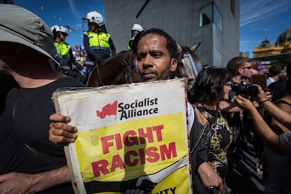 Rally against racism  protestors clashed with Reclaim Australia protestors at Federation Square under a huge police presence  on April 4, 2015 in Melbourne, Australia.