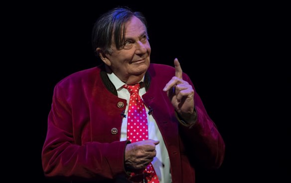 Barry Humphries on stage during a performance tour in 2018.