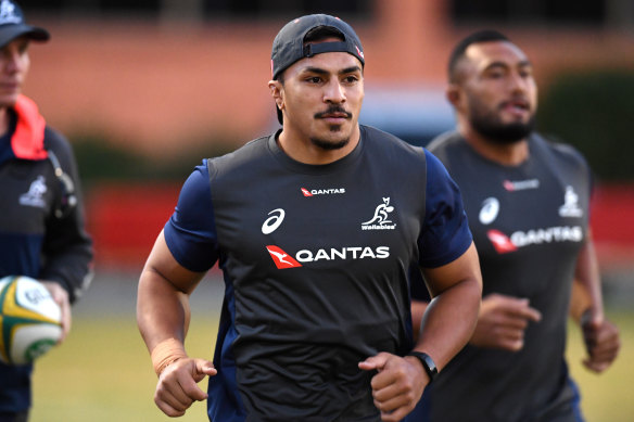 What he does best: Pete Samu gets his first taste of Wallabies training after a week of discussions over his eligibility.