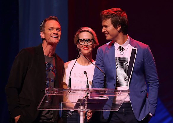 Actors Neil Patrick Harris, Sarah Paulson and Ansel Elgort appear on stage