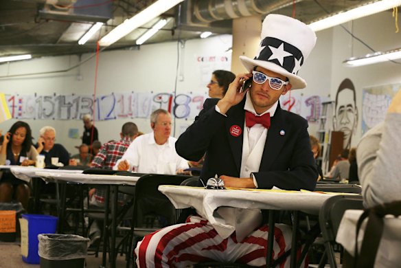 Nick Wardle makes calls to voters urging them to vote for President Barack Obama in California