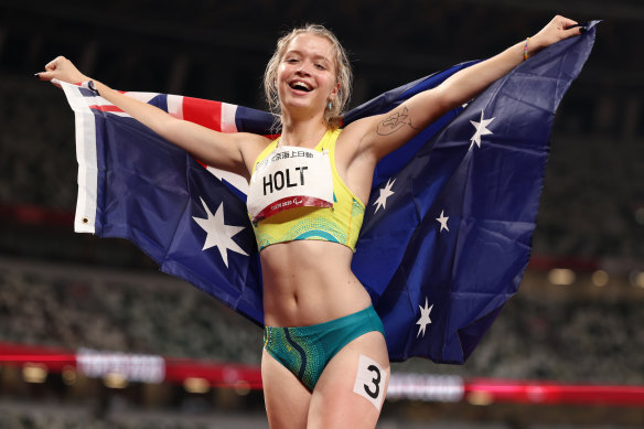 Isis Holt celebrates after taking silver in the T35 200m.