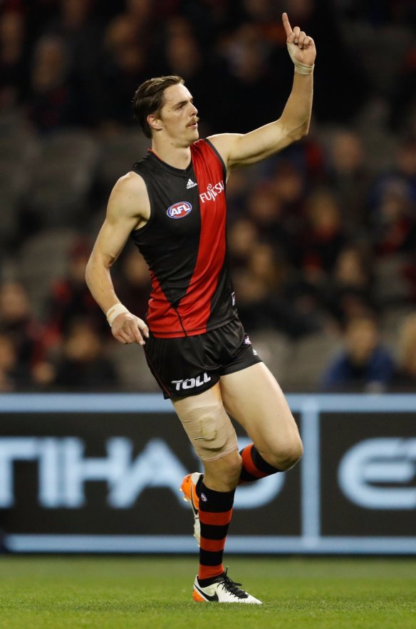 MELBOURNE, AUSTRALIA - JUNE 19: Joe Daniher of the Bombers celebrates a goal during the 2016 AFL Round 13 match between the Essendon Bombers and the GWS Giants at Etihad Stadium on June 19, 2016 in Melbourne, Australia. (Photo by Adam Trafford/AFL Media/Getty Images)