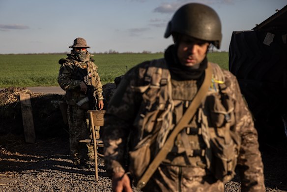 Members of the Ukrainian military guard a forward position in the Zaporizhia Region.