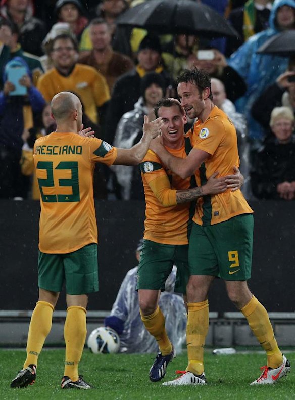 Socceroos celebrate the goal by Josh Kennedy.