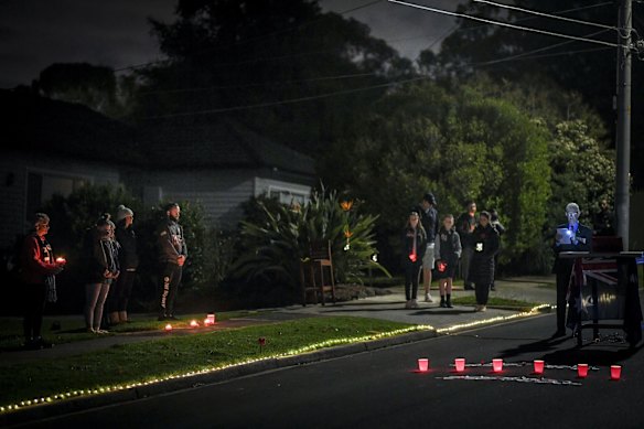 Local residents in Clara Street Macleod setup a small dawn service on Anzac day. 25 April 2020.